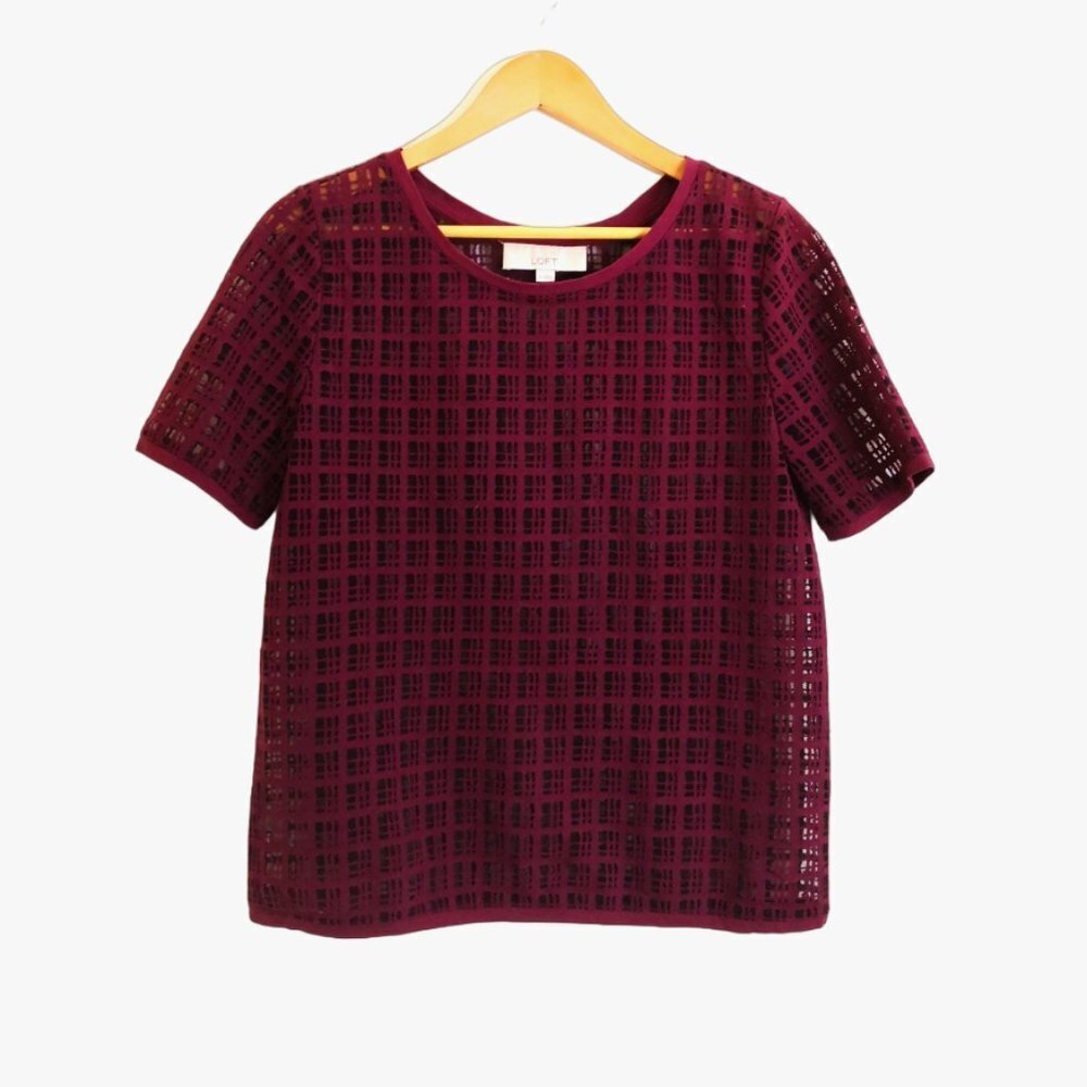 LOFT‎ Windowpane Plaid Semi-Sheer Top Size M